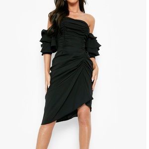 Rouched midi dress off the shoulder